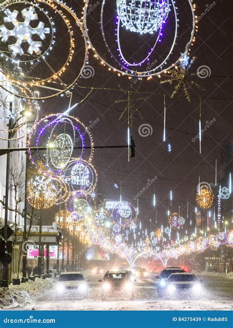 Hard Traffic during Winter Snow Storm in Downtown Bucharest City