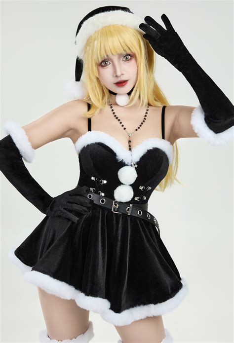 Women Gothic Black Sexy Lingerie Bodysuit And Half Skirt Set Dark Furry Christmas Set With Hat