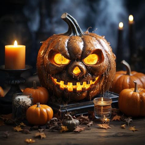 Premium Ai Image Halloween Pumpkin Head Jack Lantern With Burning Candles