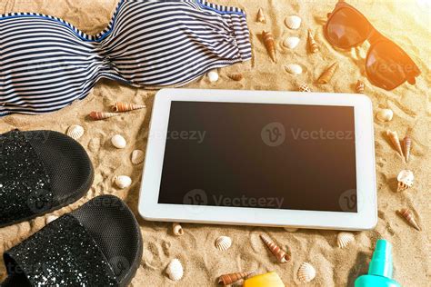 Summer Bikini And Accessories Stylish Beach Set Beach Bikini Summer Outfit And Sea Sand As