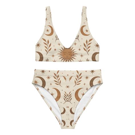 Celestial Bikini Set Sun Moon Print High Waisted Swimsuit Eco