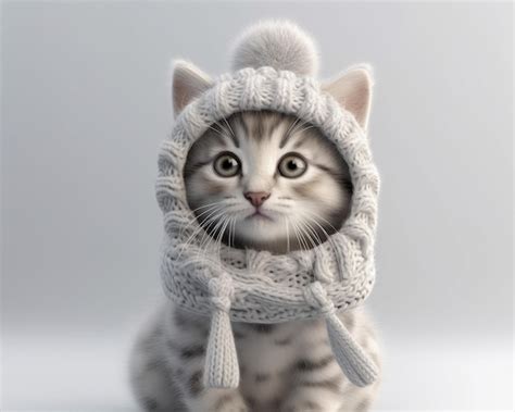 Premium AI Image A Small Kitten Wearing A Knitted Hat With A Scarf