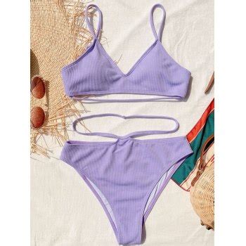 Emmiol Kostenloser Versand 2024 Solides Geripptes Bikini Set Lila M Von