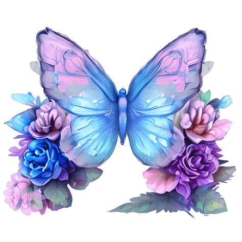 Beautiful Pink Blue Purple Butterfly and Flowers Watercolor Painting ...