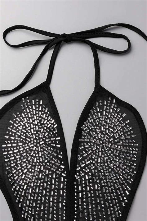 Wholesale Black Sexy Patchwork Hot Drilling Bandage Backless Halter Sleeveless Dress Dresses