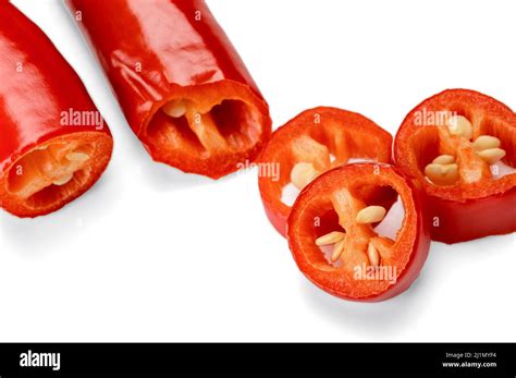 Cut Red Hot Chili Peppers Capsicum Isolated On White Background Sliced Red Hot Chili Peppers