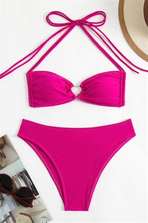 Wholesale Sexy Pure Color Padded Halter Neck Heart Shape Ring Linked Bikini Set BA