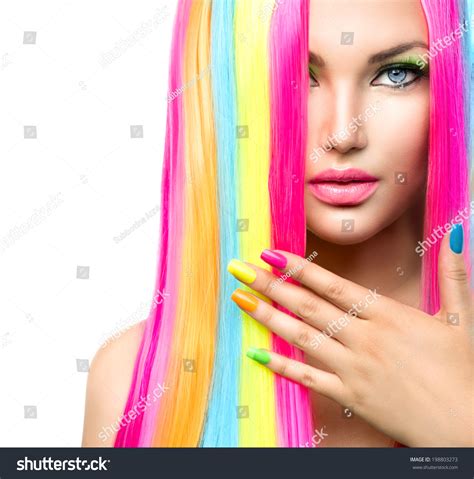 Beauty Girl Portrait With Colorful Makeup Hair And Nail Polish