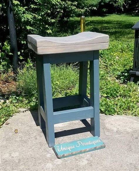 Rustic Wood Bar Stool Weathered Gray Cobalt Reclaimed Wood Farmhouse