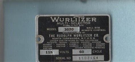 Wurlitzer Wallbox 3020 1102154 Serial Number Identification Plate Or