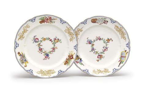 A PAIR OF SEVRES PORCELAIN PLATES FROM THE LOUIS XV VERSAILLES SERVICE ...