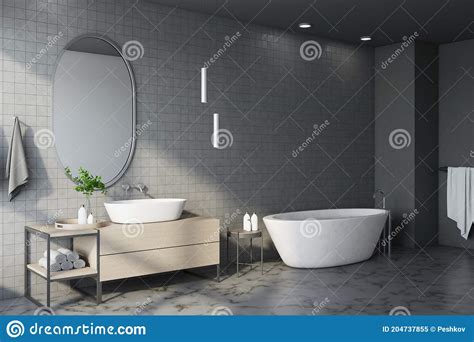 Freestanding Bath With Mirror In Comfortable Gray Bathroom Interior