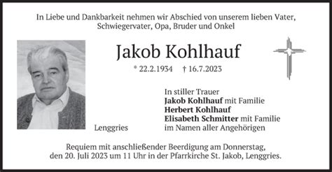 Traueranzeigen Von Jakob Kohlhauf Trauer Merkur De