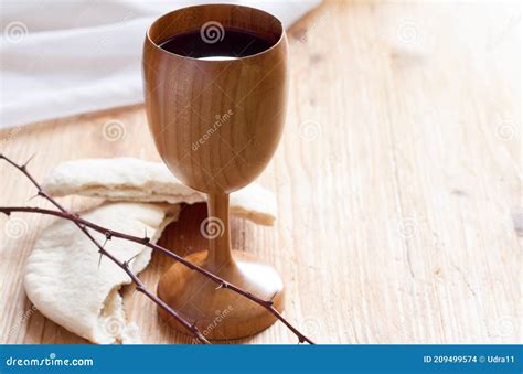 Chalice Of Wine Passover Bread Thorns As Jesus Last Supper And Passion Of Christ Concept Stock