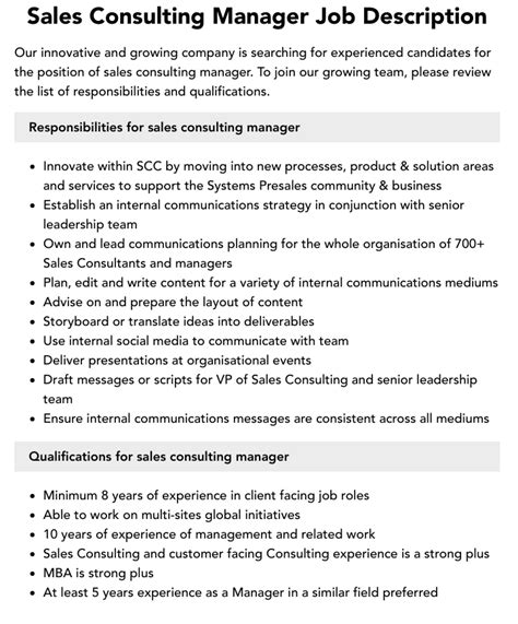 Sales Consulting Manager Job Description Velvet Jobs