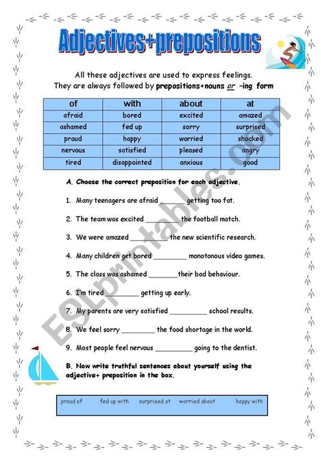 Adjectives Prepositions Exercises ESL Worksheet By Manuelanunes3