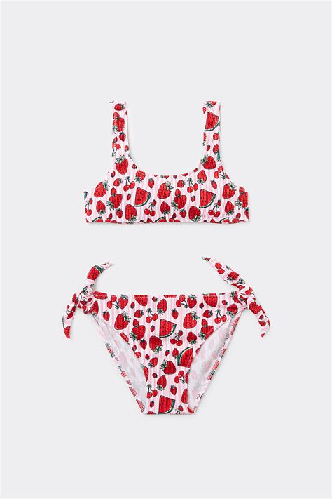 Bustier Bikini für Mädchen zum Binden mit Printmuster Streifen und Früchte Bikinis Tezenis