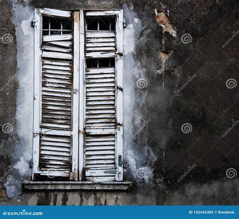 Old Window With Closed Broken Shutters Stock Image Image Of White