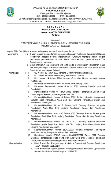 Contoh Sk Tim Pengembang Kurikulum Sd Format Doc Doku