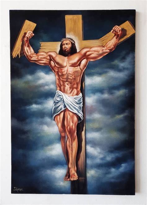 Muscle Jesus On Cross Original Oil Painting On Black Velvet By Artist Jorge Torrones J685 Etsy