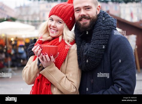 Couple Having Hot Coffee Outdoors Stock Photo Alamy