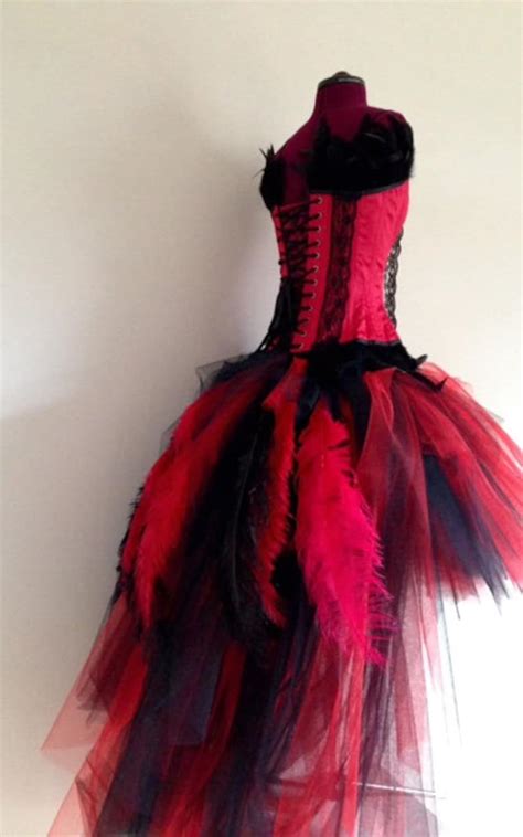 Red Black Peacock Feather Skirt And Corset Etsy