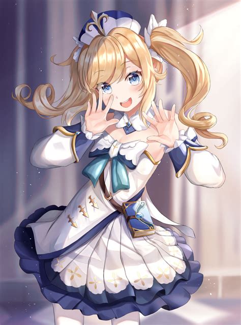 Safebooru 1girl D Absurdres Arms Up Bangs Barbara Genshin Impact Bare Shoulders Blonde Hair