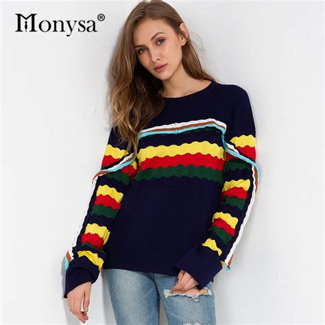 Streetwear Sweater Women 2017 Autumn Winter Long Sleeve Patchwork Striped Pullover Sweaters