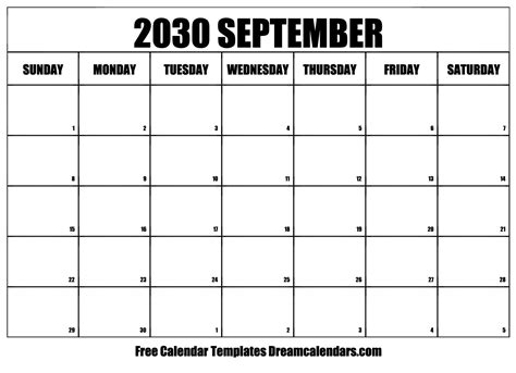 September 2030 Calendar - Free Printable with Holidays and Observances