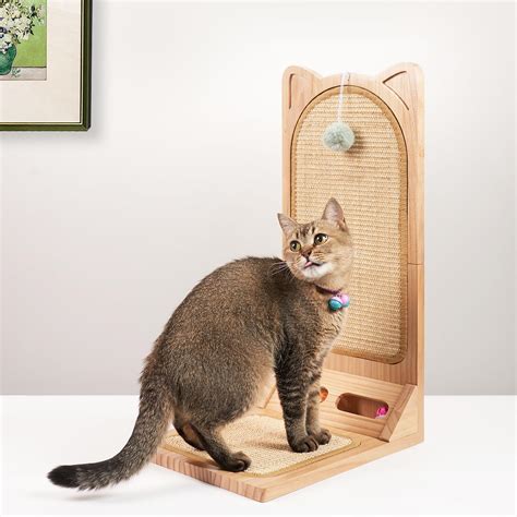 L Shape Cat Scratcher, Sisal Cat Wall Scratcher with Cat Ball Toy, Wood