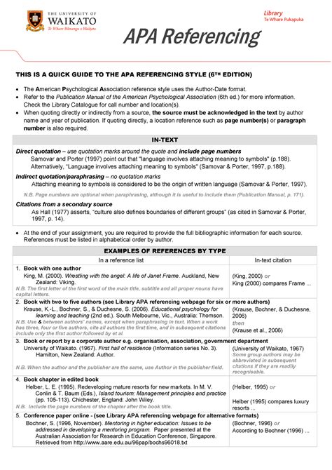 APA Referencing 6th ed - APA Referencing THIS IS A QUICK GUIDE TO THE APA REFERENCING STYLE (6TH ...