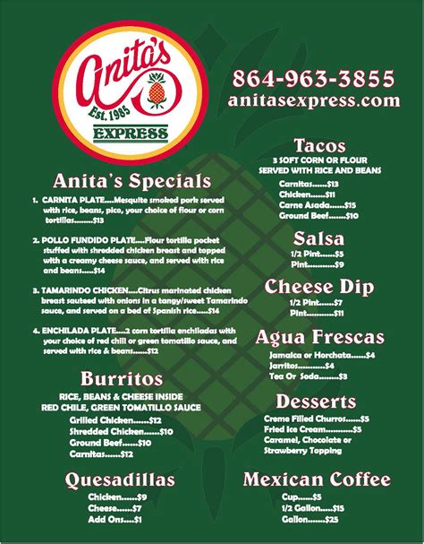 Anita's Express Kiosk Menu