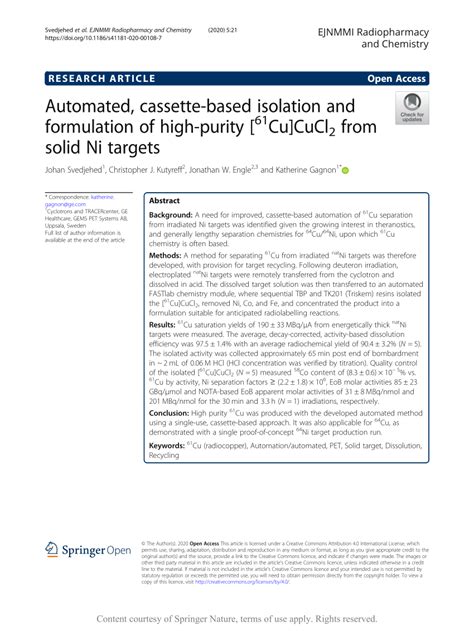 Pdf Automated Cassette Based Isolation And Formulation Of High Purity [cu]cucl2 From Solid Ni