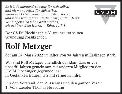 Traueranzeigen Von Rolf Metzger Zeit Des Gedenkens De