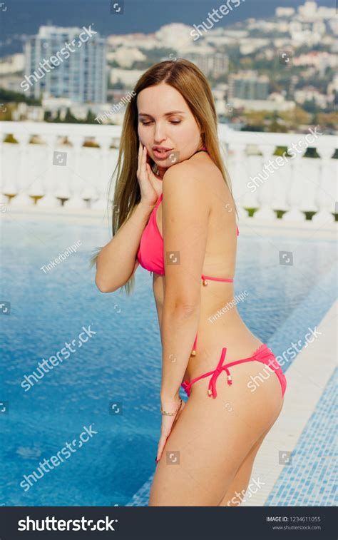 Sexy Blondehaired Woman Pink Bikini Standing Stock Photo Edit Now
