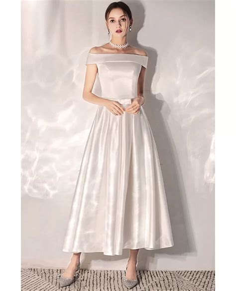 Vintage Chic Tea Length Satin Wedding Dress With Off Shoulder Ys626