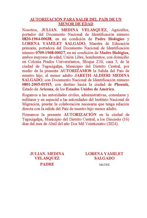 Autorizacion PARA Salir DEL PAIS UN Menor DE EDAD Autorizacion salir