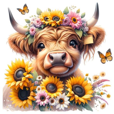 Highland Cow And Sunflower Design Highland Cow With Sunflowers