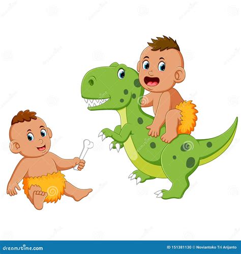 Caveman Baby Is Playing With The Green Dinosaur Stock Vector