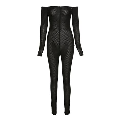 Kliou See Through Mesh Jumpsuit Women Hot Sexy Hollow Out Slash Neck