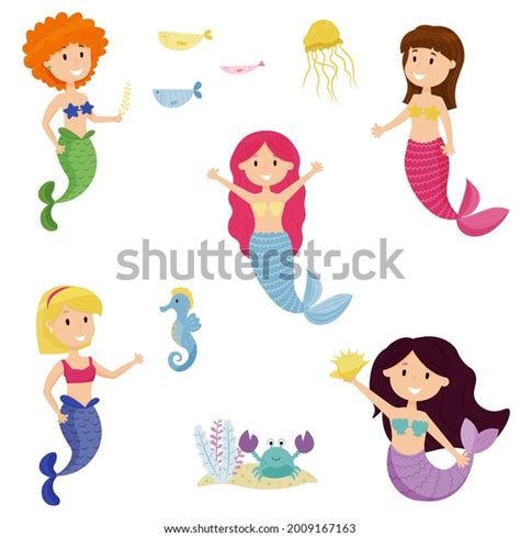 Set 5 Cute Cartoon Mermaids Little Stock Vector Royalty Free 2009167163 Shutterstock