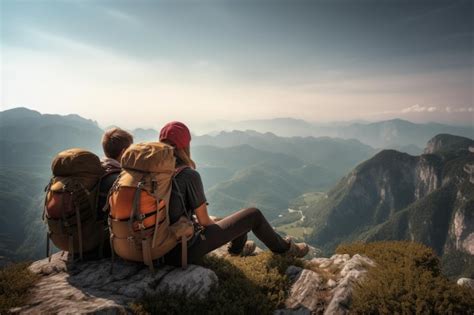 Premium AI Image Hikers With Backpacks Sitting And Relaxing On The