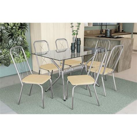 Sala De Jantar Completa Loire C Tampo Vidro Cm Cadeiras Viena Cromado Courano Nude