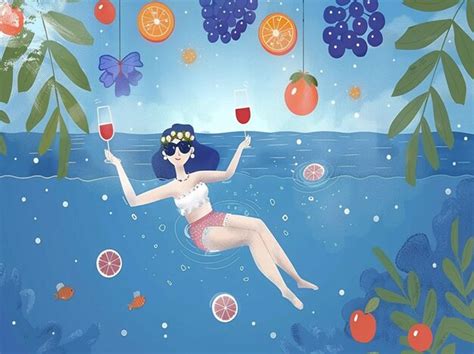 Premium Photo A Painting Of A Woman In A Bikini With A Glass Of Wine And Fruit