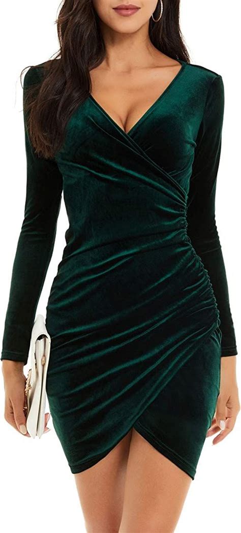 Guberry Womens Wrap V Neck Long Sleeve Velvet Bodycon Ruched Cocktail