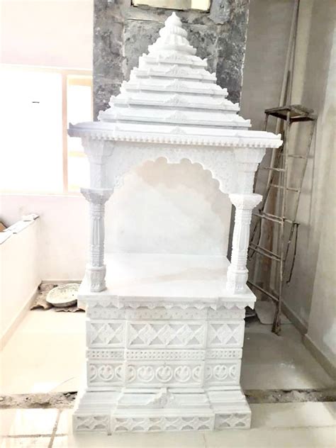 Square Base Carved Indoor White Marble Temple For Worship Size 2 X