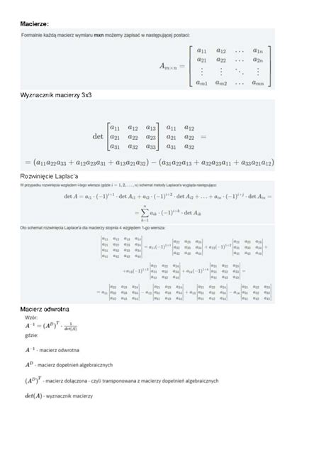 Karta Wzor W Matematyka Kolokwium Matematyka Macierze Wyznacznik