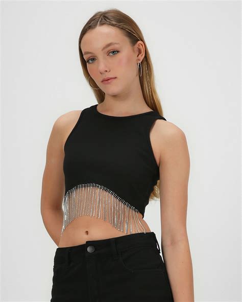 Riachuelo Regata Cropped Canelada Strass Preta Pool By Riachuelo