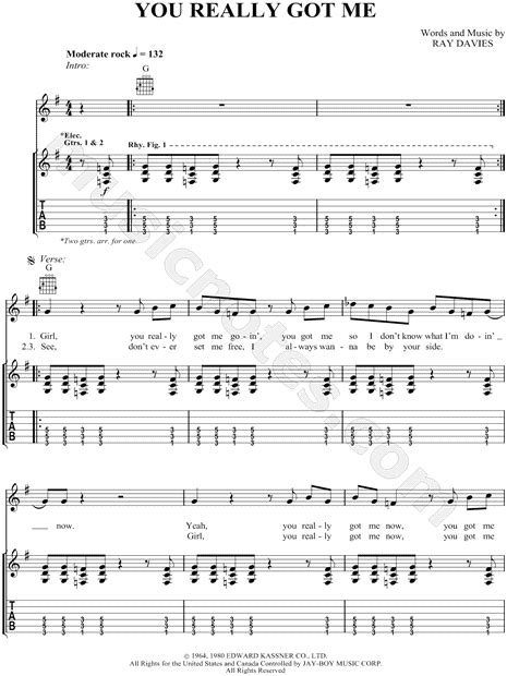 The Kinks You Really Got Me Guitar Tab In G Major Download And Print