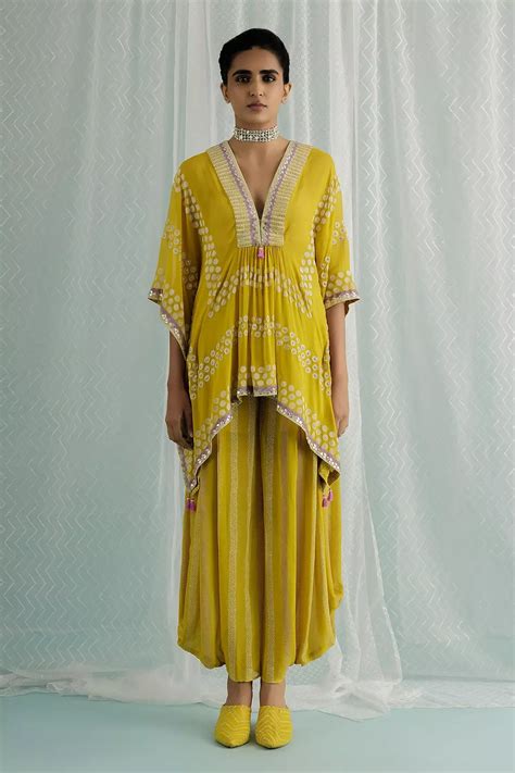 Buy Surbhi Gupta Yellow Kurta Emi Polka Dot Print Kaftan Tunic And